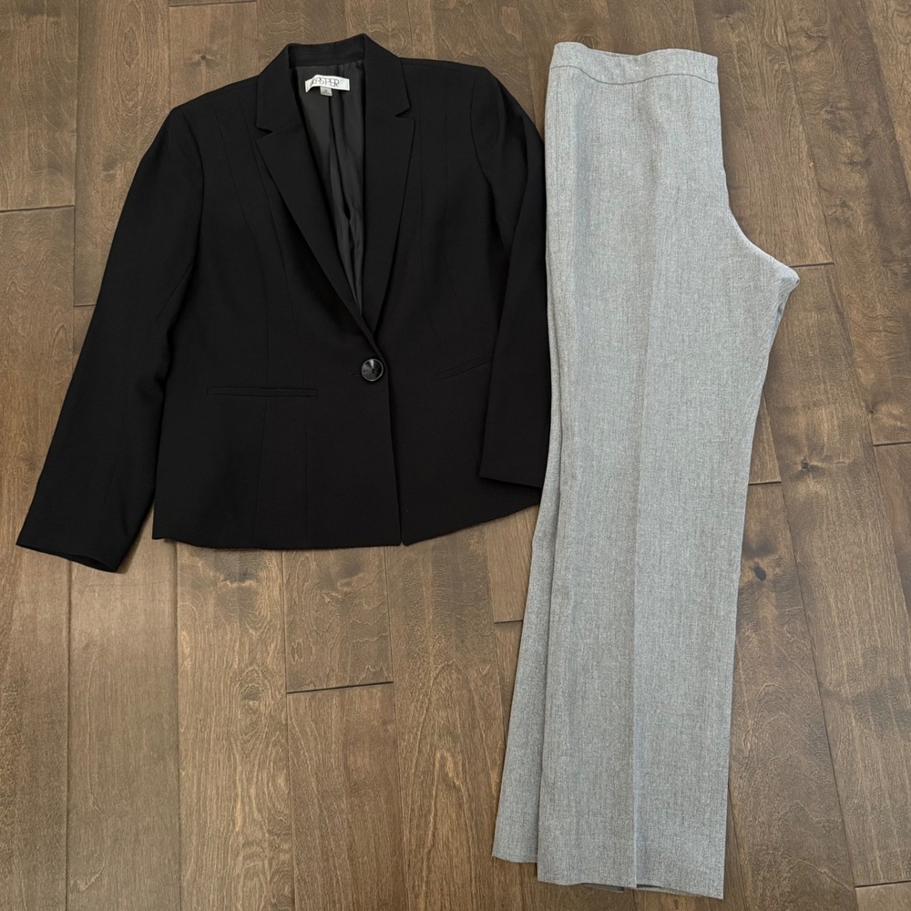 Kasper Womens Black Single Button Blazer and Grey Dress Pants Suit Set Size 14